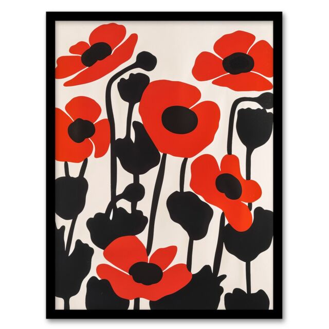 "Artery8 Simple Poppy Flowers in Bloom Graphic Design Framed Art Print in Red - Size: W12"" x H16""" - image 1
