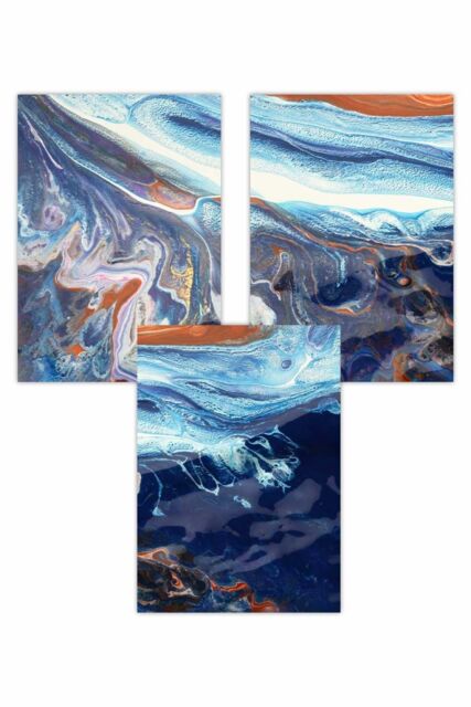 ARTZE Set of 3 Abstract Blue & Orange Ocean Art Posters in Navy - Size: W50 cm x H70 cm - image 1