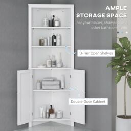 Kleankin Corner Bathroom Cabinet Freestanding Bathroom Storage Unit Open Shelves in White - thumbnail 5