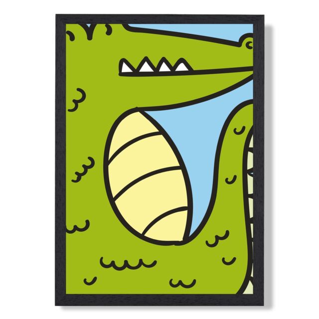 ARTZE Cute Cartoon Style Crocodile Framed Print SIZE: A3 with Black Frame in Bright Green - Size: A4 - image 1
