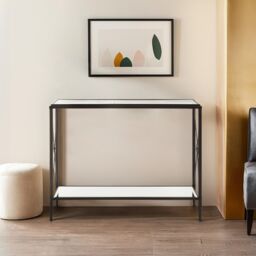 Orsina Black Finish Console Table, Sleek Two‑Tier Tempered Glass Top & Shelf, Minimalist Black Industrial Iron Frame