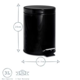 Harbour Housewares 3L Round Bathroom Pedal Bin - Stainless Steel Slim Rubbish Dustbin in Jet Black - thumbnail 3