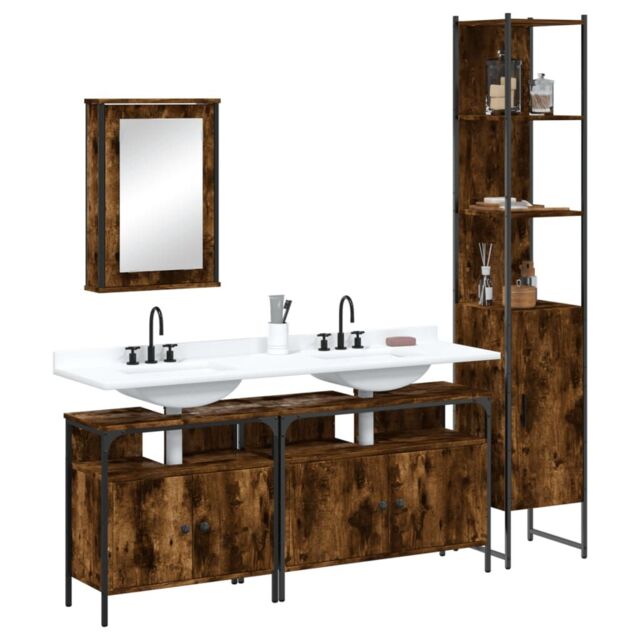 Berkfield Home 4 Piece Bathroom Furniture Set Smoked Oak Engineered Wood in Brown - image 1