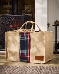 Dibor Traditional Tartan Plaid Natural Firewood Log Storage Jute Bag H40 x W60cm