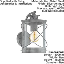 Loops 2 PACK IP44 Outdoor Wall Light Antique Silver & Glass Loop Lantern 60W E27 in Metallics - thumbnail 2