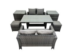 Fimous 6 Seater Outdoor Table Double Seat Sofa 2 Side Table 2 Small Stool Set in Dark Grey - thumbnail 2