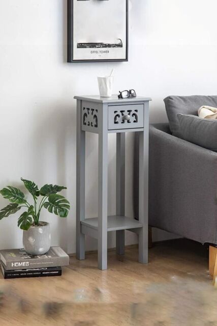 Living and Home 2-tier French Style Small Slim Accent Side Table Bed Sofa Side Storage Drawer with Bookshelf 73cm H in Grey - image 1