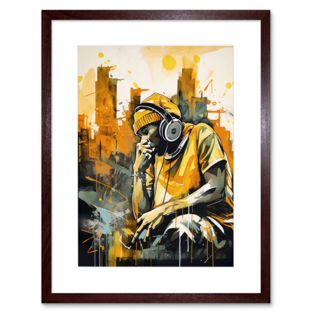 Artery8 Wall Art Print Abstract Cityscape Young Man Wearing Headphones Listening to Music Modern Watercolour Artwork Framed 9X7 Inch - image 1