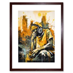 Artery8 Wall Art Print Abstract Cityscape Young Man Wearing Headphones Listening to Music Modern Watercolour Artwork Framed 9X7 Inch - thumbnail 1