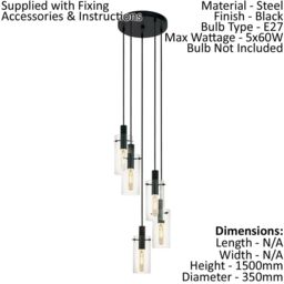 Loops Pendant 5 Bulb Ceiling Light Colour Black Shade Clear Glass Bulb E27 5x60W - thumbnail 2