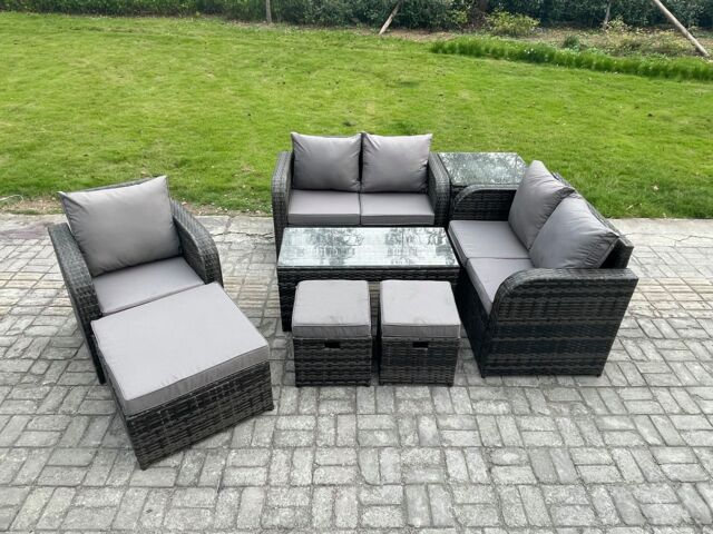 Fimous 8 Seater Rattan Outdoor Garden Furniture Sofa Set Patio Table & Chairs Set with Side Table 3 Footstools Dark Grey Mixed - image 1