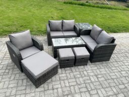 Fimous 8 Seater Rattan Outdoor Garden Furniture Sofa Set Patio Table & Chairs Set with Side Table 3 Footstools Dark Grey Mixed - thumbnail 2