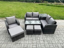 Fimous 8 Seater Rattan Outdoor Garden Furniture Sofa Set Patio Table & Chairs Set with Side Table 3 Footstools Dark Grey Mixed - thumbnail 1