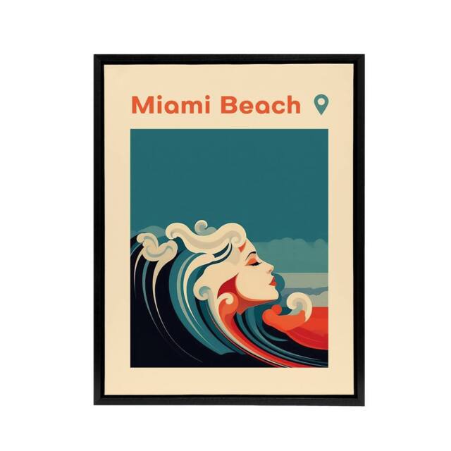 "Artery8 Miami Beach Sea Wave Siren Travel Advert Framed Canvas Wall Art Print in Blue - Size: W12"" x H16""" - image 1