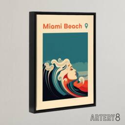"Artery8 Miami Beach Sea Wave Siren Travel Advert Framed Canvas Wall Art Print in Blue - Size: W12"" x H16""" - thumbnail 2
