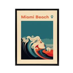 "Artery8 Miami Beach Sea Wave Siren Travel Advert Framed Canvas Wall Art Print in Blue - Size: W12"" x H16""" - thumbnail 1