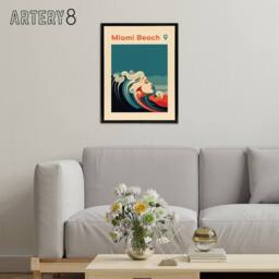 "Artery8 Miami Beach Sea Wave Siren Travel Advert Framed Canvas Wall Art Print in Blue - Size: W12"" x H16""" - thumbnail 3