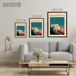 "Artery8 Miami Beach Sea Wave Siren Travel Advert Framed Canvas Wall Art Print in Blue - Size: W12"" x H16""" - thumbnail 4