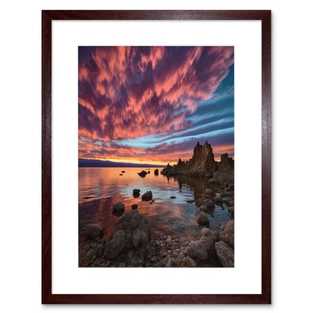 Artery8 Wall Art Print Atmospheric Sunset Clouds Over Mono Lake Lakeside Landscape Modern Watercolour Painting Artwork Framed 9X7 Inch - image 1