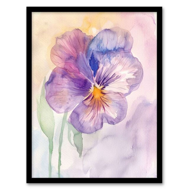 "Artery8 Single Pansy Modern Watercolour Purple Floral Framed Art Print - Size: W12"" x H16""" - image 1