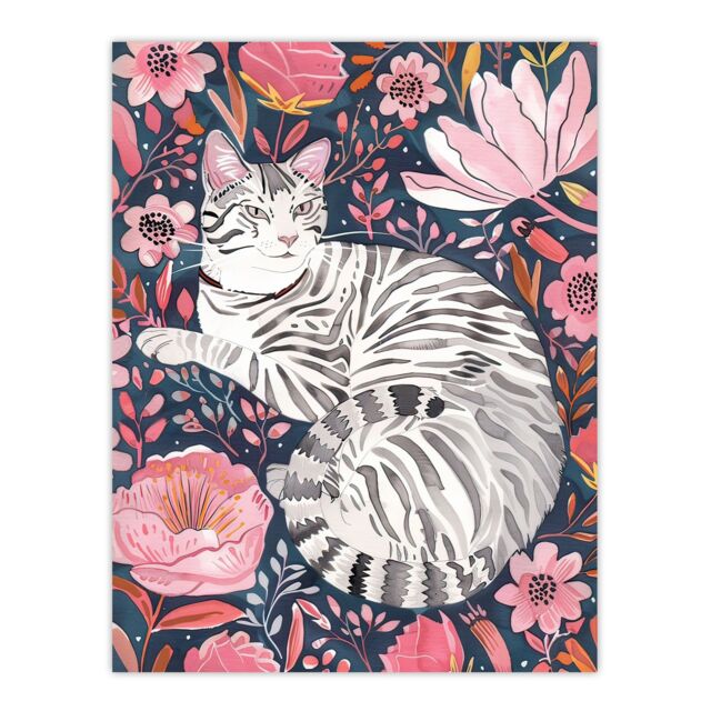 "Artery8 Striped Cat Laying in Pink Wildflowers Watercolour Wall Art Print - Size: W24"" x H32""" - image 1