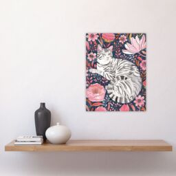 "Artery8 Striped Cat Laying in Pink Wildflowers Watercolour Wall Art Print - Size: W24"" x H32""" - thumbnail 4