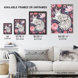 "Artery8 Striped Cat Laying in Pink Wildflowers Watercolour Wall Art Print - Size: W24"" x H32""" - thumbnail 3