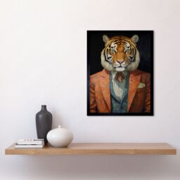 "Artery8 Wall Art Print Tiger About Town Artwork Coral Pink & Cerulean Blue Suit Conceptual Portrait Artwork Art Framed in Black - Size: W12"" x H16""" - thumbnail 2