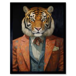 "Artery8 Wall Art Print Tiger About Town Artwork Coral Pink & Cerulean Blue Suit Conceptual Portrait Artwork Art Framed in Black - Size: W12"" x H16""" - thumbnail 1