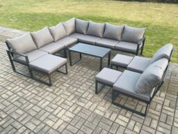 Fimous Aluminium 12 Seater Patio Outdoor Garden Furniture Lounge Corner Sofa Set with Oblong Coffee Table with 3 Footstools Dark Grey - thumbnail 1