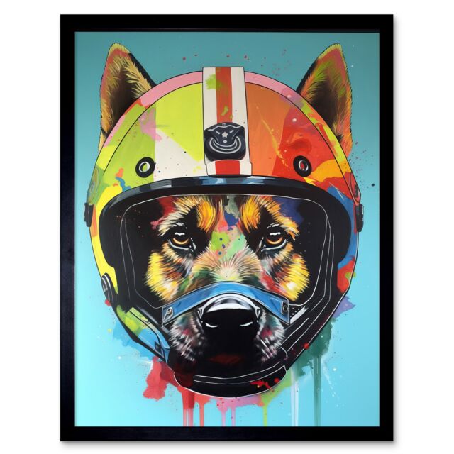 "Artery8 Wall Art Print German Shepherd Wearing Motorbike Helmet Pop Art Framed in Black - Size: W12"" x H16""" - image 1