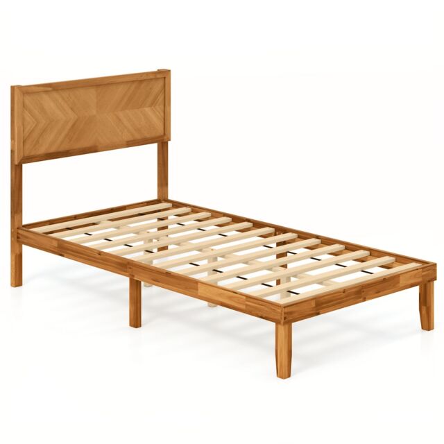 Gymax Single Size Bed Frame Acacia Wood Platform Bed With Headboard Wooden Slats in Khaki - image 1