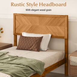 Gymax Single Size Bed Frame Acacia Wood Platform Bed With Headboard Wooden Slats in Khaki - thumbnail 3