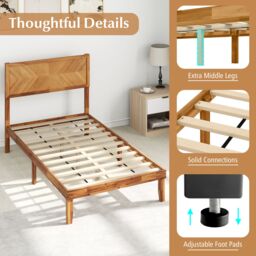 Gymax Single Size Bed Frame Acacia Wood Platform Bed With Headboard Wooden Slats in Khaki - thumbnail 6