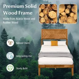 Gymax Single Size Bed Frame Acacia Wood Platform Bed With Headboard Wooden Slats in Khaki - thumbnail 5