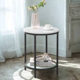 Pirlo Plush 2 Tier Round Faux Marble Accent Coffee Side Table in White - thumbnail 1