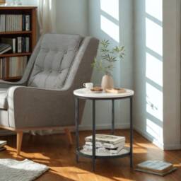 Pirlo Plush 2 Tier Round Faux Marble Accent Coffee Side Table in White - thumbnail 3