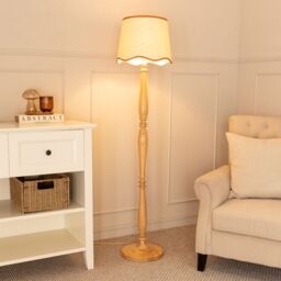 ValueLights Victoria Light Wood Candlestick Floor Lamp with Linen Scallop Trim Tapered Shade in Burnt Orange - thumbnail 1