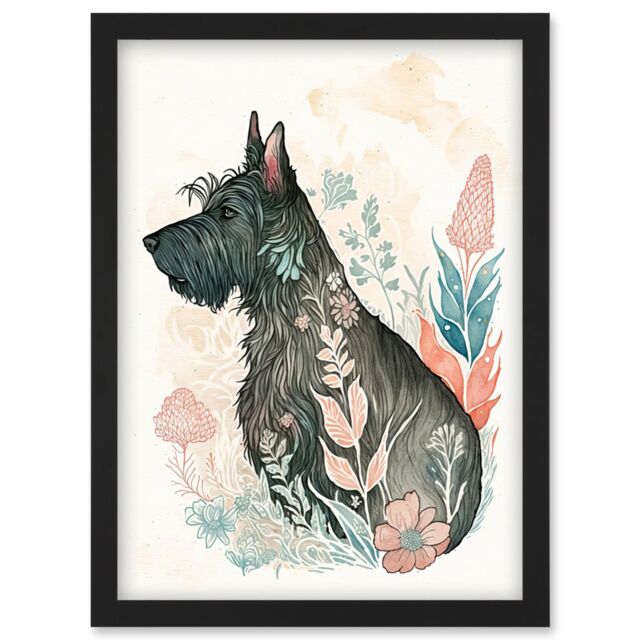 Artery8 Scottish Terrier Dog in Flower Field Bright Modern Multicoloured Watercolour Illustration Artwork Framed Wall Art Print A4 in Black - image 1