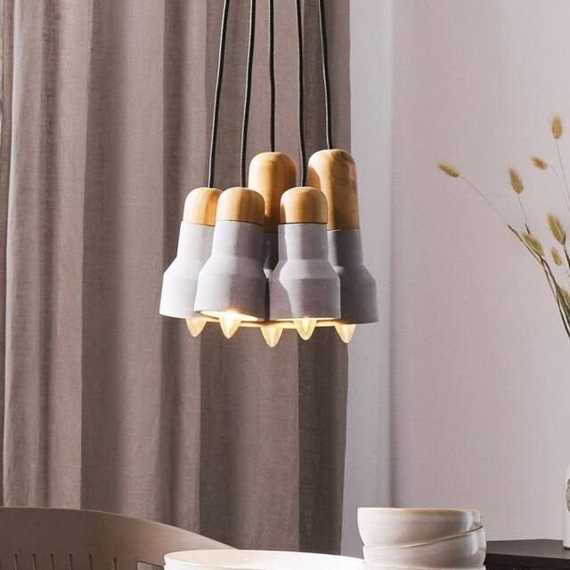 Wyld and Coco 5-Light Concrete Pendant Cluster with Pine Accents Industrial Style in Grey - image 1