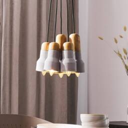 Wyld and Coco 5-Light Concrete Pendant Cluster with Pine Accents Industrial Style in Grey