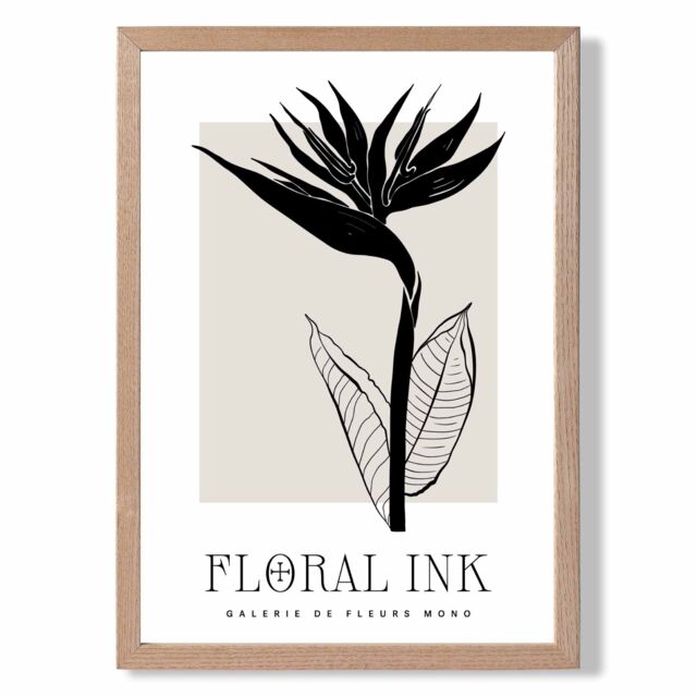 ARTZE Bird of Paradise Flower Floral Ink Sketch Framed Print SIZE: A3 with Oak Frame in Beige - Size: A4 - image 1