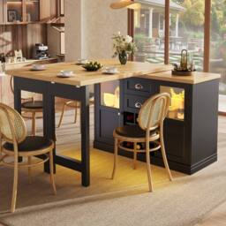 Merax Extendable Kitchen Island with Swivel Breakfast Bar & Wine Storage in Black