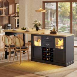 Merax Extendable Kitchen Island with Swivel Breakfast Bar & Wine Storage in Black - thumbnail 4