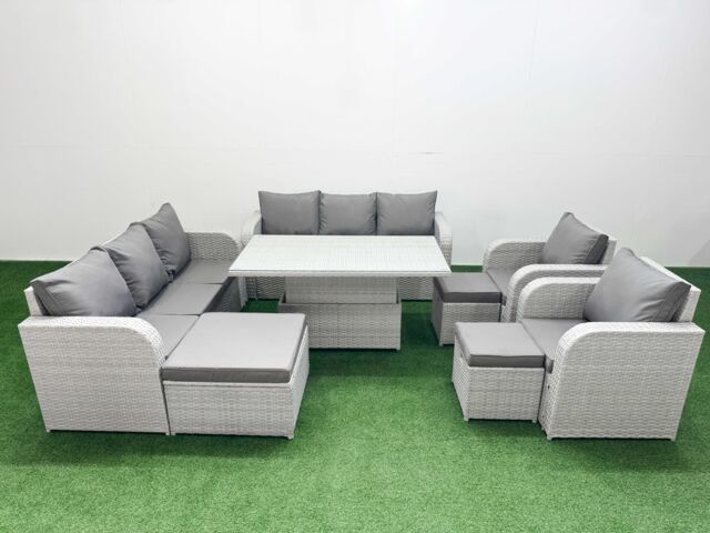 Fimous PE Rattan High Back Lounge Sofa Set Patio Adjustable Lifting Dining or Coffee Table & Chairs Set w/ 3 Seater Sofa Reclining Chair 3 Stools - image 1