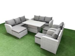 Fimous PE Rattan High Back Lounge Sofa Set Patio Adjustable Lifting Dining or Coffee Table & Chairs Set w/ 3 Seater Sofa Reclining Chair 3 Stools - thumbnail 2