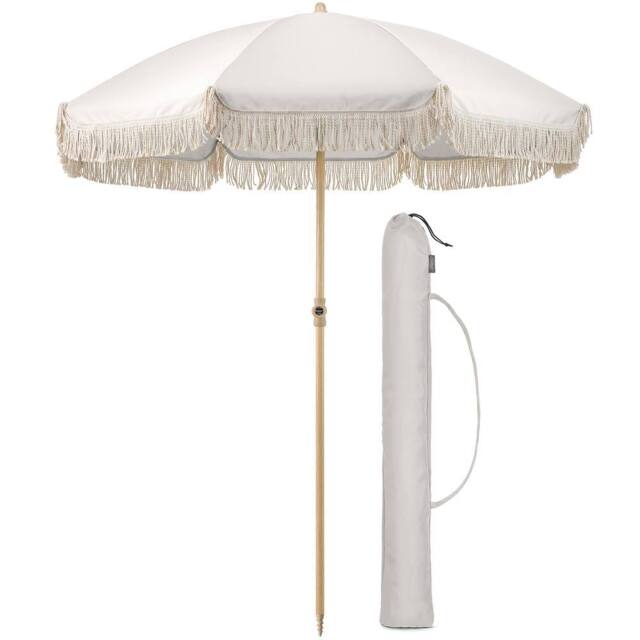 Christow Portable Parasol Beach Garden Tilting Umbrella Fringed Tassel Sun Shade UV50+ 2m in White - image 1