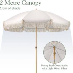 Christow Portable Parasol Beach Garden Tilting Umbrella Fringed Tassel Sun Shade UV50+ 2m in White - thumbnail 5