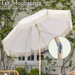 Christow Portable Parasol Beach Garden Tilting Umbrella Fringed Tassel Sun Shade UV50+ 2m in White - thumbnail 4