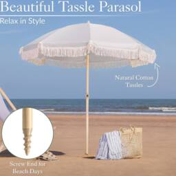 Christow Portable Parasol Beach Garden Tilting Umbrella Fringed Tassel Sun Shade UV50+ 2m in White - thumbnail 2